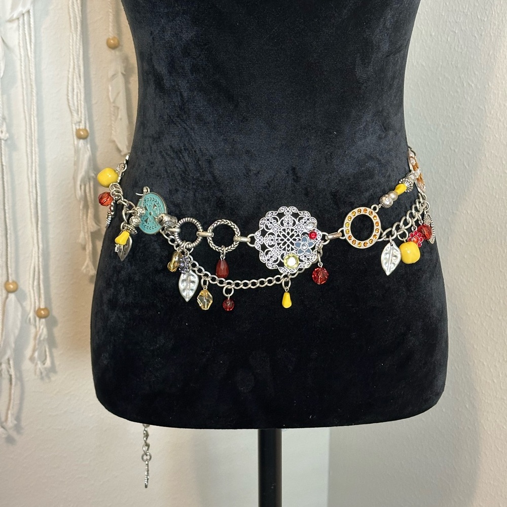 Chicos Adjustable Silver Charmed Beaded Rhinestone Belt